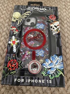 Ed Hardy iPhone 15 Floral Tattoo MagSafe Case - Red Accents